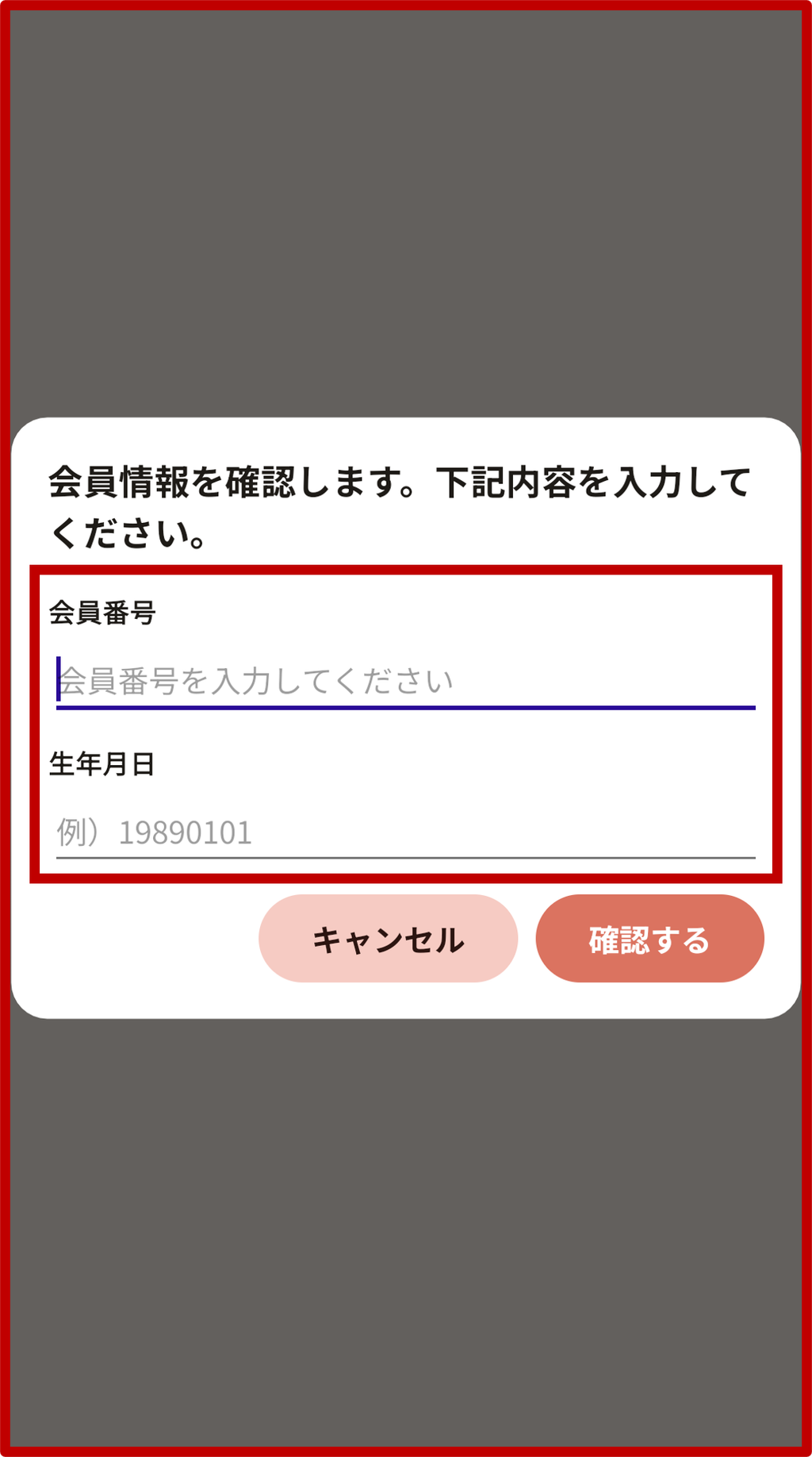 3. 会員確認に必要な以下の情報を入力して、「確認する」をタップの画面